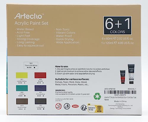Artecho Acrylic Paint Set, 7 Primary Colors - 6x2.02oz/60ml & 1x4.05oz/120ml Titanium White Tubes, Art Craft Paints for Canvas, Rock, Wood, Fabric, Artecho