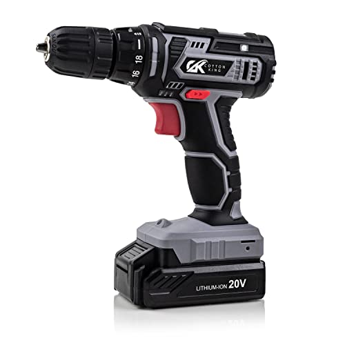 Cordless Drill/Driver Kit, 20V MAX 3/8” Keyless Chuck Compact Drill Set 2.0A Battery, Charger, 18+1 Torque Clutch, 0-650 No Load Speed, 309 In-lbs CottonKing