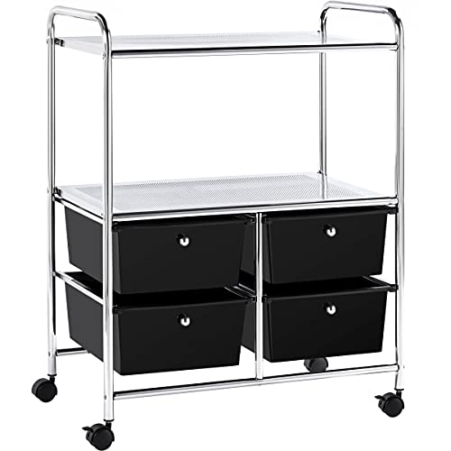 Yaheetech Rolling Storage Cart with 4 Drawers 2 Shelves Plastic Trolley on Wheels for Home Office School Beauty Salon, Black Yaheetech
