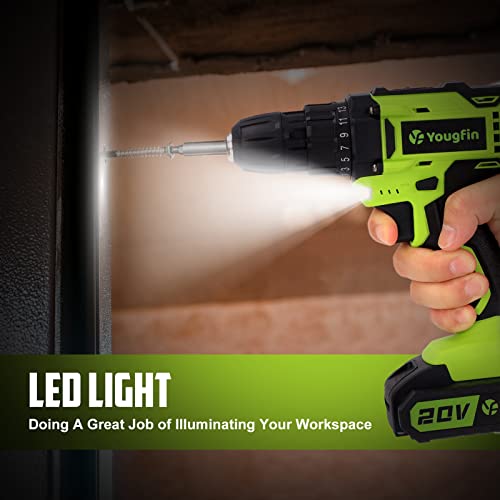 Yougfin Cordless Drill Set, 20V Power Drill Kit with Battery and Charger, 3/8" Keyless Chuck, Variable Speed, 25+1 Torque Setting, 34pcs Accessories Yougfin