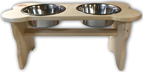 Primitive Bone Shaped Pine Wood Dog Bowl Stand for Medium, Large Dogs Rustic Natural, Wooden Feeder Dish Holder Unfinished Rhino Wood Industries