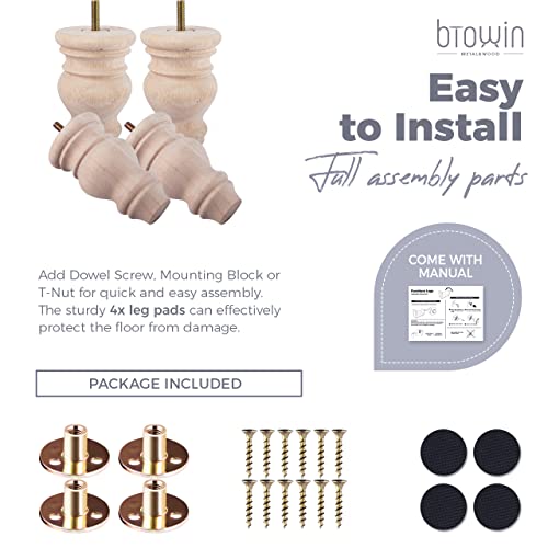 5 inch Unfinished Wooden Bun Feet, Btowin 4Pcs Solid Wood Furniture Legs with Threaded 5/16'' Hanger Bolts & Mounting Plate & Screws for Sofa Couch Btowin