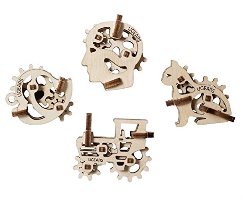 UGEARS 70029 U-Fidgets Tribiks Puzzle Pieces Set with 4 Models Anti-Stress 3D Puzzle Self Assembly Kit 4 Mini Miniature Model Mechanical Models UGears