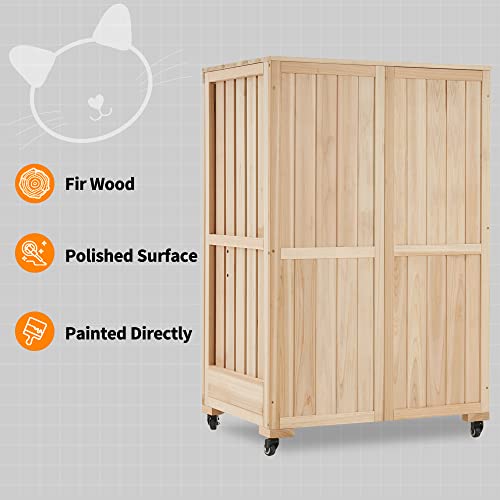 MCombo Luxury Cat House with Scratching Post, Wooden Large Cat Villa with Wheels, Multi-Feature Cat Condo with Escape Door, Cat Cages Enclosures with mcombo