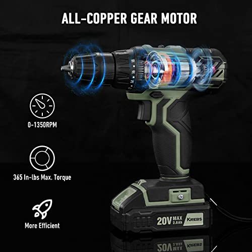 KREBS 20V Cordless Drill Set, Power Drill Kit with 1 Batteries & Fast Charger, 3/8-Inch Keyless Chuck 2 Variable Speed 18+1 Torque Setting and 28pcs KREBS