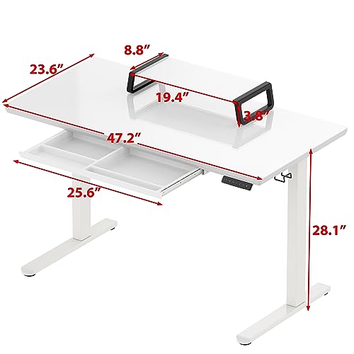 SHW 48-Inch Glass Electric Height Adjustable Desk with Monitor Riser and Drawer, White SHW