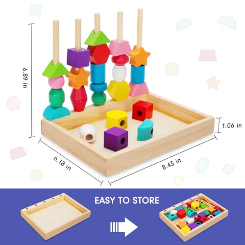 TooyBing Montessori Wooden Lacing Beads Toys for 2 3 4 Year Old Toddler Kids, Sequencing & Stacking Block Toy with Storage Box, STEM Preschool TooyBing