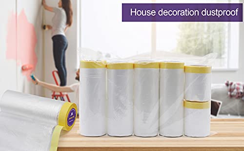 BOMEI PACK 6Rolls Pre-Taped Masking Film, Tape and Drape for Automotive Painting Covering, 3 Multi Size x 66Feet/ Roll BOMEI PACK