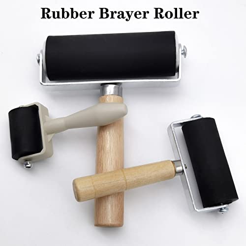 3 Pack Rubber Brayer Roller,1.4/2.4/4 Inch Hard Rubber Brayer Rollers,Art Craft Roller for Printmaking,Ink,Wallpapers Stamping Gluing WoodArtSupply