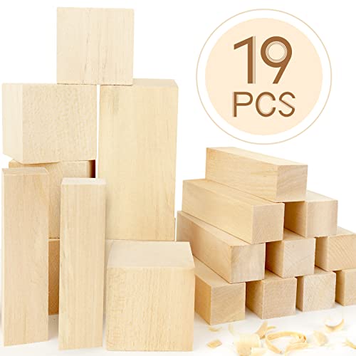 Basswood Carving Blocks, 19PCS Whittling Wood Blocks Wood Carving Kit with 3 Different Sizes, Bass Wood for Wood Carving Easy to Use, for Kids and K KERNOWO