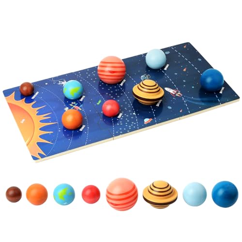 Wooden Solar System Model Board, Montessori Toys Planets Puzzle Science STEM Space Learning for Kids 4-8 with 3D Planets Models, Prechool Educational Xylolin