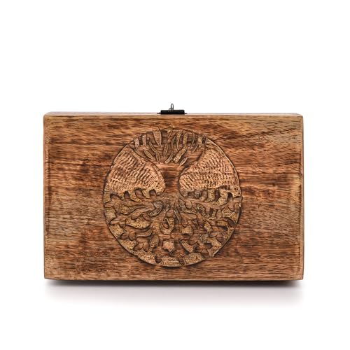 Samhita Handmade Mango Wood Tree of Life Engraving Beautifully Keepsake Box Jewellery Organiser Unique Gift Ideas for Men & Women (Flame Work Finish) Samhita