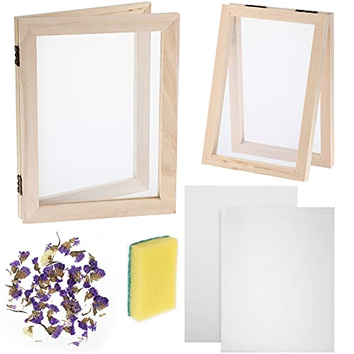 12 Pieces Paper Making Kit, 2 Size Wooden Paper Making Mould Frame Paper Making Screen Paper Making Mould Dried Flowers, Sponge with Replace Mesh Honoson