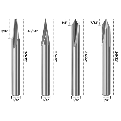 MNA Engraving CNC Wood Carving Router Bit Set, 4 Piece, 1/4" Shank, Soild Carbide 15° 20° 60° 90° V Groove Bit. for CNC or Wood Router, MNA MNA