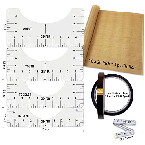 T-Shirt Alignment Ruler Heat Resistant Tape 10mm X 33m 108ft, PTFE Teflon Transfer Sheet 16 x 20" - 4 Rulers, 2 Rolls Heat Resistant Tape, 3 Packs ReArt