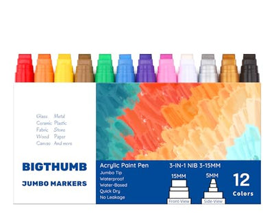 BIGTHUMB Jumbo Graffiti Poster Markers Set: 12 Colors Large15mm Wide Tip Permanent Ink Thick Acrylic Paint Pens for Rock Painting, Stone, Glass,