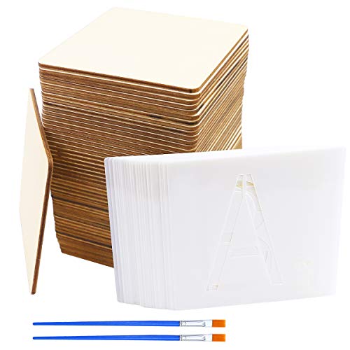 SKPPC 50 Pieces 4 Inch Unfinished Blank Wood Pieces with 26 Pieces Letters Stencils for Wall Decor Home Decoration DIY Craft Projects SKPPC