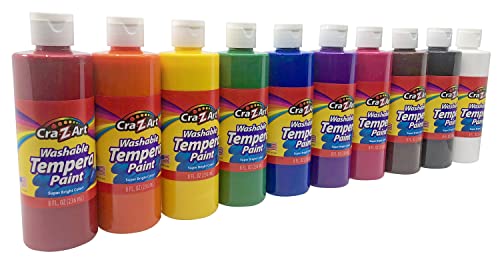 Cra-Z-Art Washable Tempera Paint Bulk Pack 10ct, Assorted Colors 8oz each bottle Cra-Z-Art