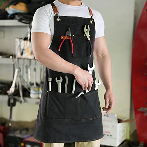 Aoomzoon Canvas Aprons for Men Chef Apron, Work Apron with Large Pockets - Durable 16oz Heavy Duty Cross Back, BBQ, Cooking (Black②, 1 Pack) Aoomzoon