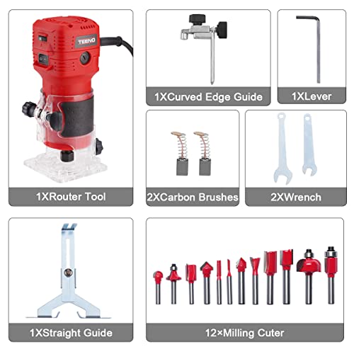 TEENO Wood Router, 650W 110V Compact Router Tools for Woodworking, 32000 RPM Hand Trim Router with 12 Pcs 1/4" Router Bits Set, 6 Variable Speeds, TEENO