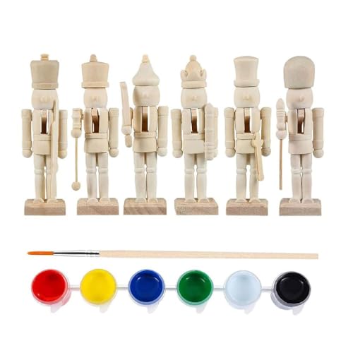 6pcs DIY Wooden Christmas Nutcrackers, DIY Blank Unpainted Unpainted Puppet Walnut Soldier With Paint & Brush For Christmas Decoration YmilemY