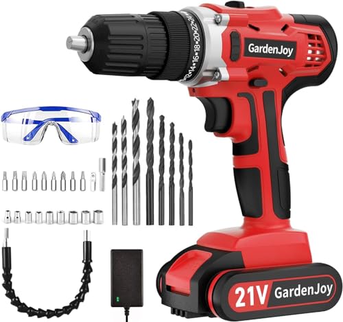 GardenJoy 21V Cordless Power Drill - Electric Drill Set with Battery and Fast Charger, 30pcs Drill/Driver Bits, 2 Variable Speed, 3/8" Keyless Chuck, GardenJoy