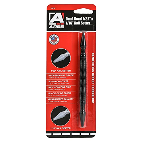 ARES 10016 – Dual Head Combo Nail Setter – Features 1/32-Inch (#1) and 1/16-Inch (#2) Dual Head Design – CNC-Precision Machined - 5000 PSI Striking - WoodArtSupply