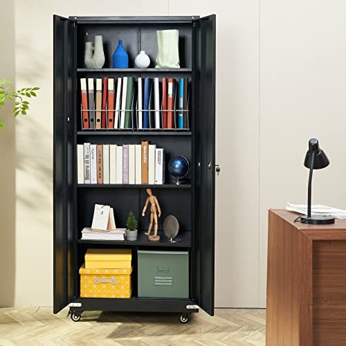 VEVOR Metal Storage Cabinet with Wheels, 75'' Locking Steel Storage Cabinet with 2 Magnetic Doors and 4 Adjustable Shelves for Office, Garage, Home VEVOR
