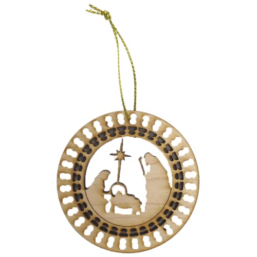 Unfinished Wood Circular Detailed Holiday Ornament, Wooden Nativity Manger Scene with North Star, Religious Family Christmas Ornaments for Trees or Needzo