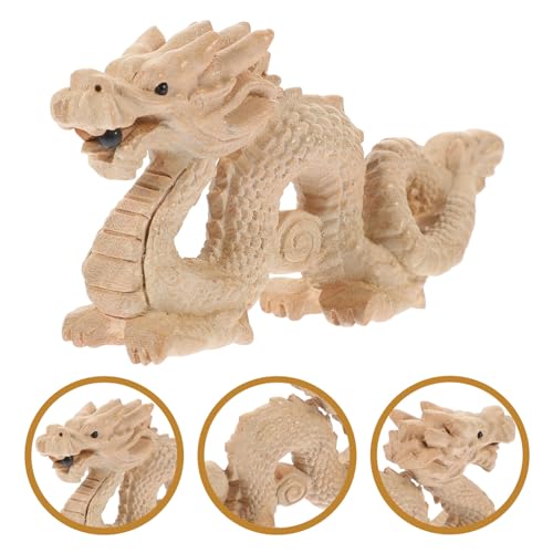 Luxshiny Feng Shui Natural Wood Dragon Statue, Carved Unpainted Wooden Dragon Figurine Zodiac Mascot 2024 Year of Dragon Sculpture Good Luck Chinese Luxshiny