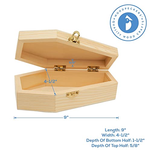 Woodpeckers Small Halloween Coffin Box, 9 Inch, Pack of 2, Unfinished Wood, Use As Halloween Décor and Halloween Crafts, Pet Casket Woodpeckers