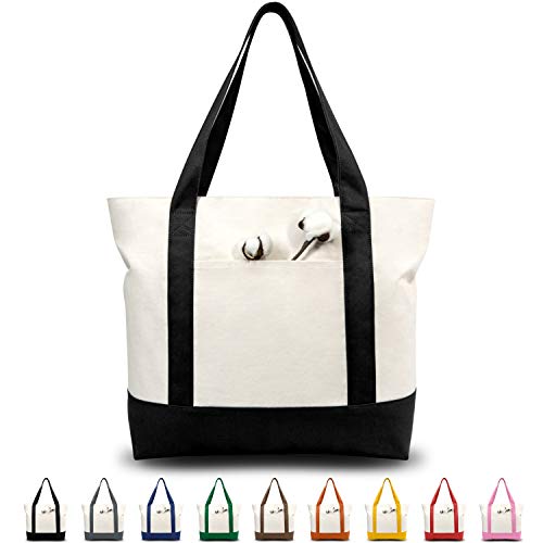 TOPDesign 1 | 3 | 6 | 30 Pack Stylish Canvas Tote Bag with an External Pocket, Top Zipper Closure, Daily Essentials (Black/Natural Pack of 1) TOPDesign