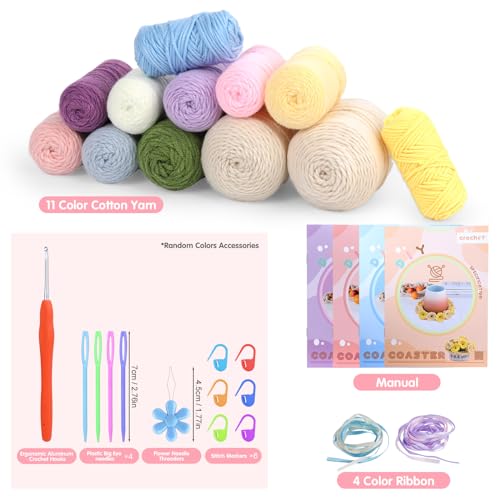 Crochet Kit for Beginners-4PCS Coaster Flower Pot Crochet Kits Coaster Crochet Starter Kit with Crochet Yarns ,Hooks, Easy Videos Tutorials to Iuuidu