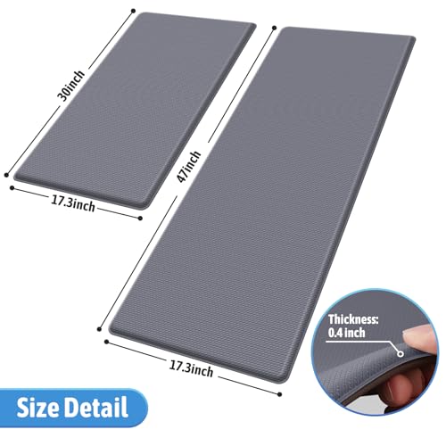 StepLively 2-Piece Anti-Fatigue Cushioned Kitchen Mat Set, Non-Skid Grey Standing Mats for Kitchen, Office, Sink - 17.3"x30" and 17.3"x47" StepLively