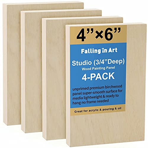 Falling in Art Unfinished Birch Wood Panels Kit for Painting, Wooden Canvas 4 Pack of 4x6’’ Studio 3/4’’ Deep, Cradle Boards for Pouring, Art, Falling in Art