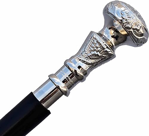 FYNJREX brass walking cane vintage wooden walking stick for women and men black shaft silver brass handle halloween costume cane steampunk knob gift FYNJREX