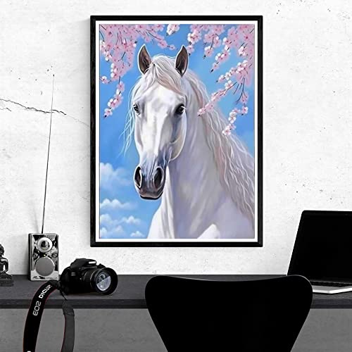 Kaliosy 5D Diamond Painting White Horse by Number Kits, Paint with Diamonds Art Flower DIY Full Drill, Crystal Craft Cross Stitch Embroidery Kaliosy