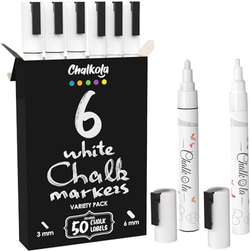 Chalkola 6 White Liquid Chalk Markers - White Dry Erase Liquid Chalk Pens for Chalkboard Signs, Blackboard, Car Window, Glass, Bistro | Variety pack Chalkola