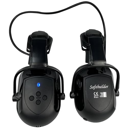SAFEBUILDER Bluetooth Hard Hat Ear Muffs, SNR 26dB Adjustable Cap-mounted Ear muff, Helmet Attachable Earmuff (Black Bluetooth Ear Muffs Safety SAFEBUILDER