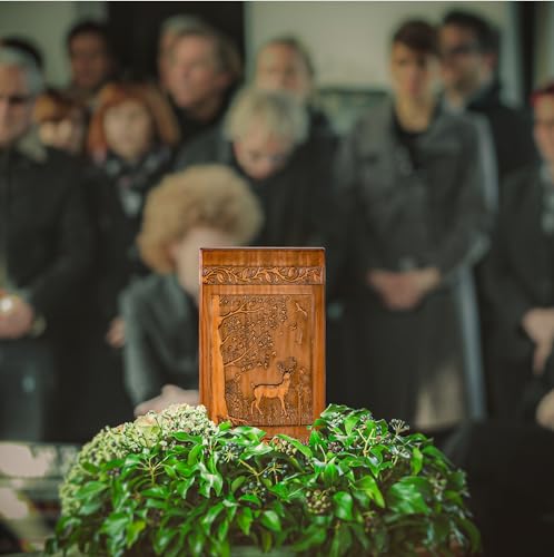 Handmade Wooden Urn for Human Ashes, Urns for Adults Male Female, 250lbs Engraved Burial Cremation Urns for Ashes Men Women(Deer) Aioguisn