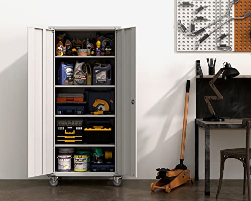 VINGLI 72" Tall Metal Storage Cabinets with Doors and 4 Adjustable Shelves for Garage, Office, Classroom, Laundry&Utility Room with Wheels, Grey, 32W VINGLI