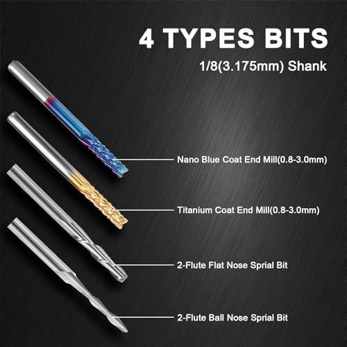 LAKIX 1/8" Shank End Mills CNC Router Bits, 40pcs, CNC Cutter Milling Carving Bit Set Including 2-Flute Flat Nose & Ball Nose End Mill, Nano Blue LAKIX