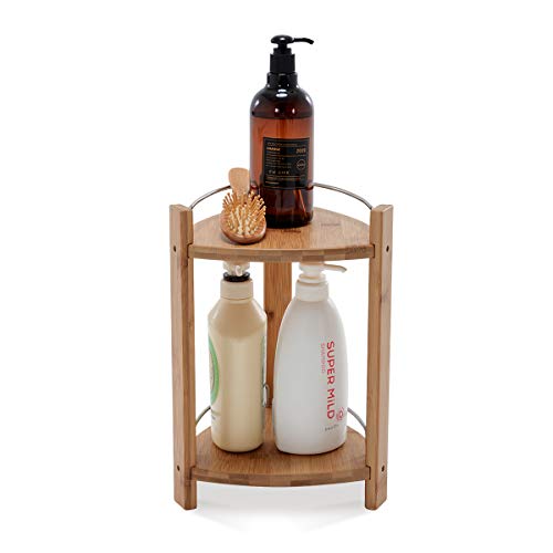 GOBAM Bamboo Shower Corner Caddy, Medium - 2 Tier Standing Shower Stand for Shampoo, Conditioner, Lotion, Soap - Caddy Organizer for Kitchen, GOBAM