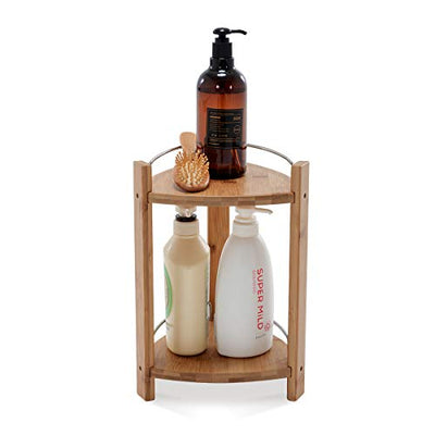 GOBAM Bamboo Shower Corner Caddy, Medium - 2 Tier Standing Shower Stand for Shampoo, Conditioner, Lotion, Soap - Caddy Organizer for Kitchen,