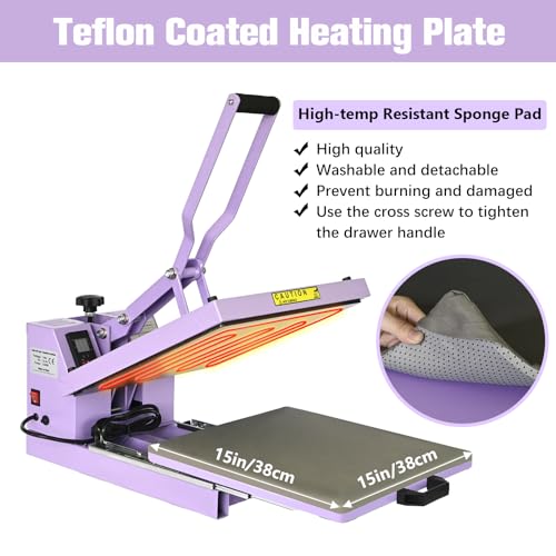 PlanetFlame Heat Press 15x15 inch Industrial Quality Sublimation Heat Press, Slide Out Heat Transfer Machine for T-Shirt, Purple PlanetFlame