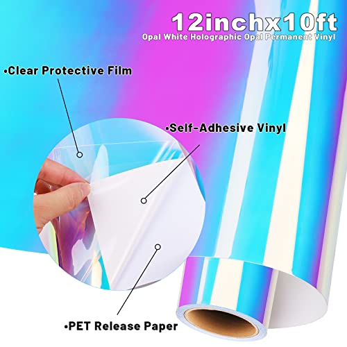 GIRAFVYINL White Holographic Opal Vinyl 12” X 10FT Permanent Adhesive Vinyl Roll for cricut,DIY Home and Car Decor,Tumbler (White) GIRAFVINYL