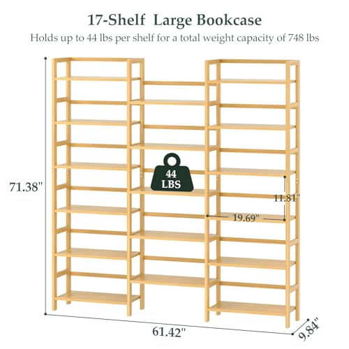 Homykic 6-Tier Triple Wide Bamboo Bookshelf with 17 Open Shelves – 6ft Tall Freestanding Bookcase for Home and Office Homykic