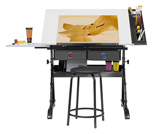 SD STUDIO DESIGNS Core 2 Pc Craft Center-35.5" W Angle Adjustable Cloth Drawers, Side Shelf and Stool Drafting Table, Gunmetal Gray/White SD STUDIO DESIGNS