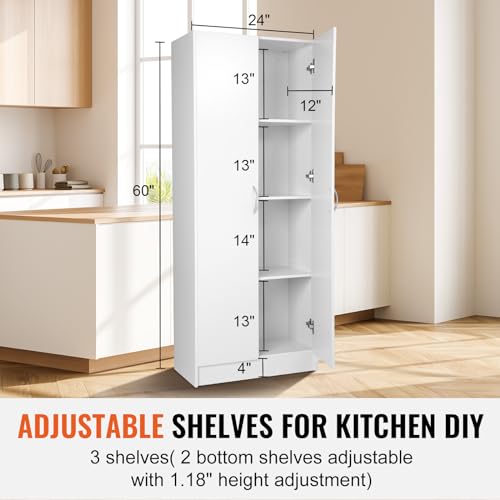 VEVOR Food Storage Cabinet, Freestanding Pantry with 2 Adjustable Shelves Engineered Wood Utility for Kitchen, Laundry, Dining Room, White VEVOR