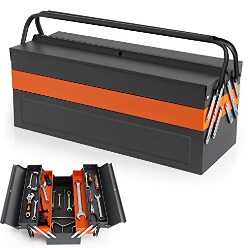 Nightcore 27” x 21” x 8.5” Metal Tool Box, 5-Tray Cantilever Tool Box with 3 Levels Fold Out Organizer Storage, Portable Folding Tool Organizer with Generic